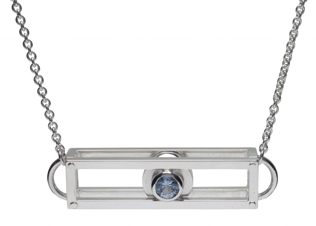 ShipShape pendant - Silver Aquamarine set element rolls side to side in riveted cage construction